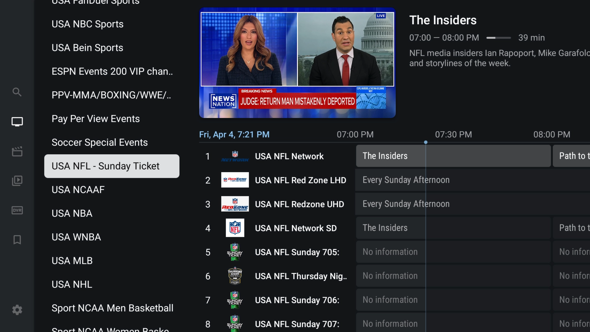 Sunday Ticket premium channel integrated in TiviMate